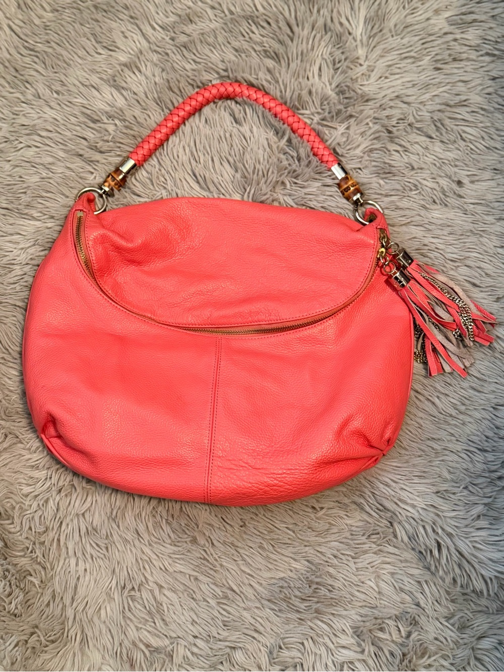Elaine Turner Coral Leather Tassel Hobo